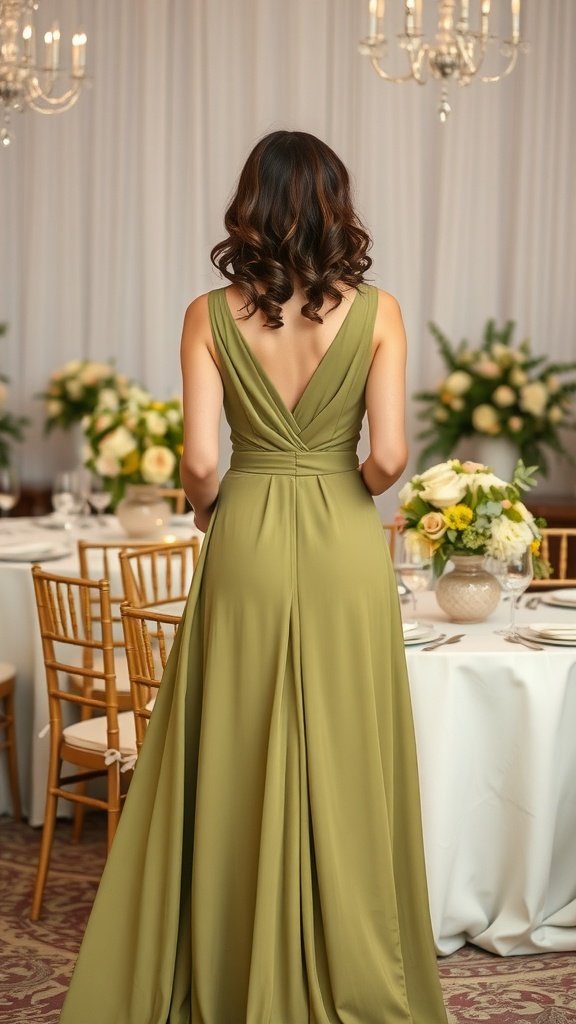 An elegant olive green wedding dress complemented by floral arrangements.