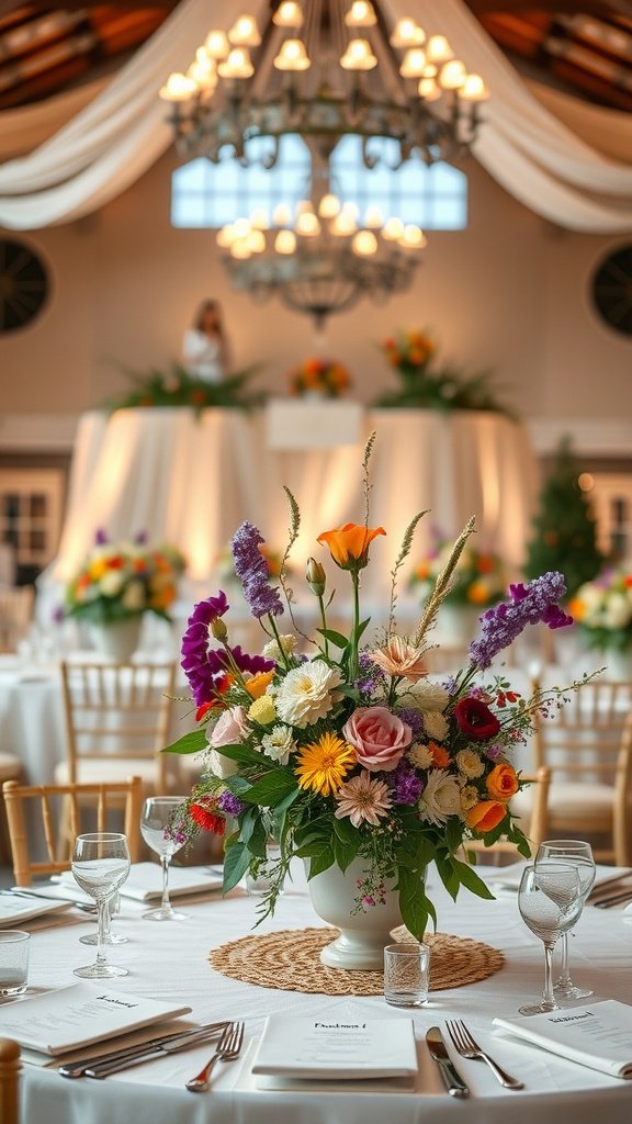 A beautiful floral centerpiece featuring bright flowers like orange, pink, and purple in a vase on a reception table
