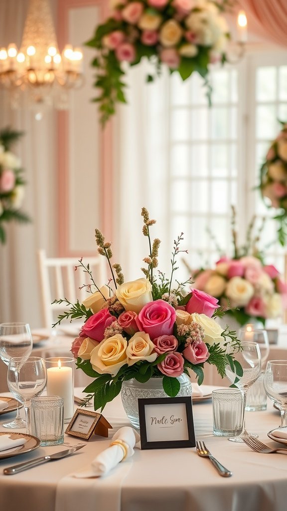 A beautiful floral centerpiece with pink and yellow roses, surrounded by elegant table settings and a small frame.