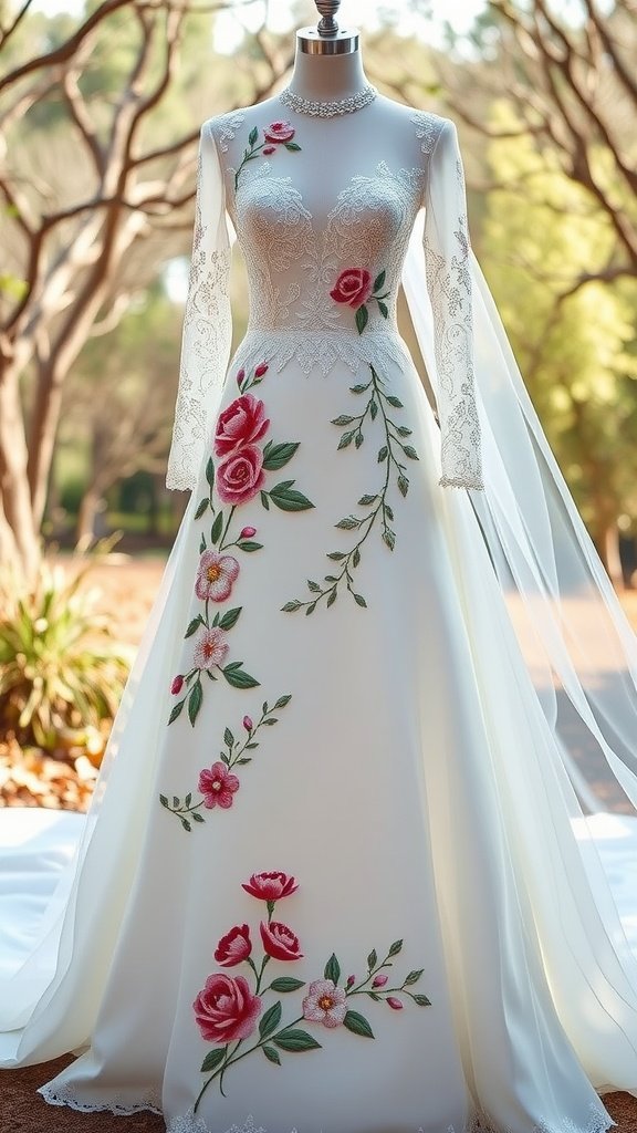 A romantic wedding dress featuring floral embroidery with roses and leaves.