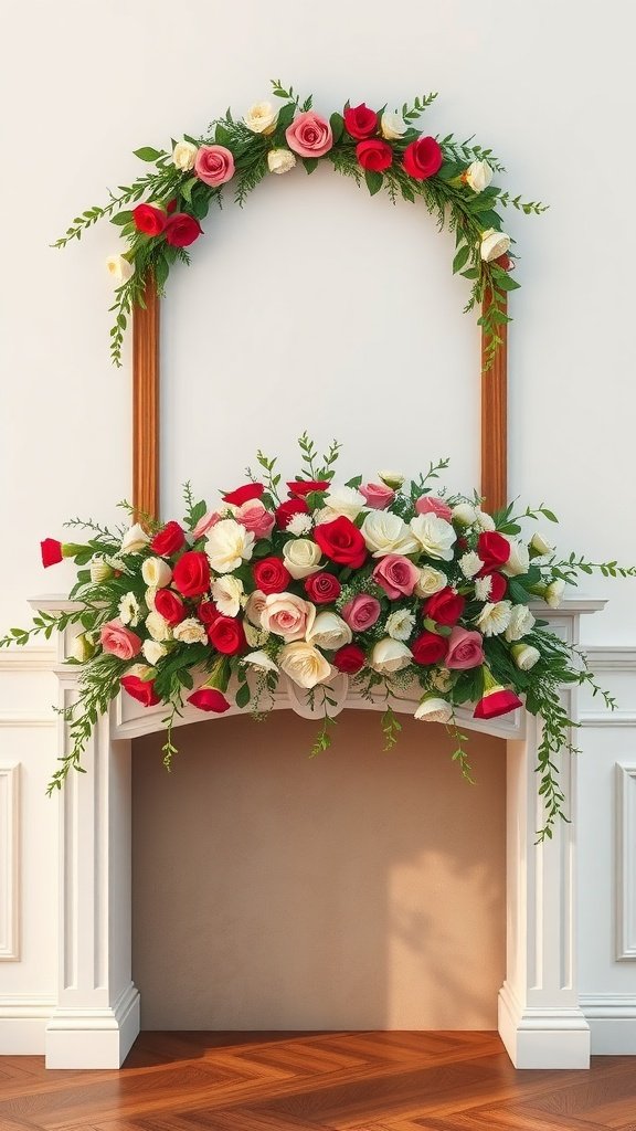 Colorful floral garland decoration featuring roses and greenery over a fireplace
