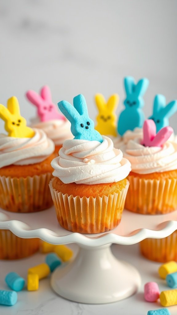 Colorful marshmallow cupcakes topped with Peeps for Easter.