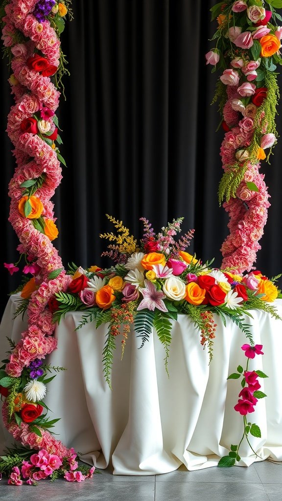 A beautiful display of fresh flower garlands in vibrant colors, perfect for romantic wedding decor.