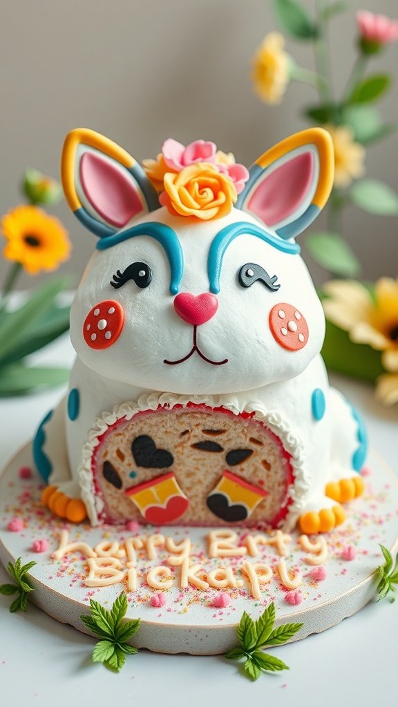 A cute bunny themed birthday cake decorated with colorful flowers and a surprise inside.