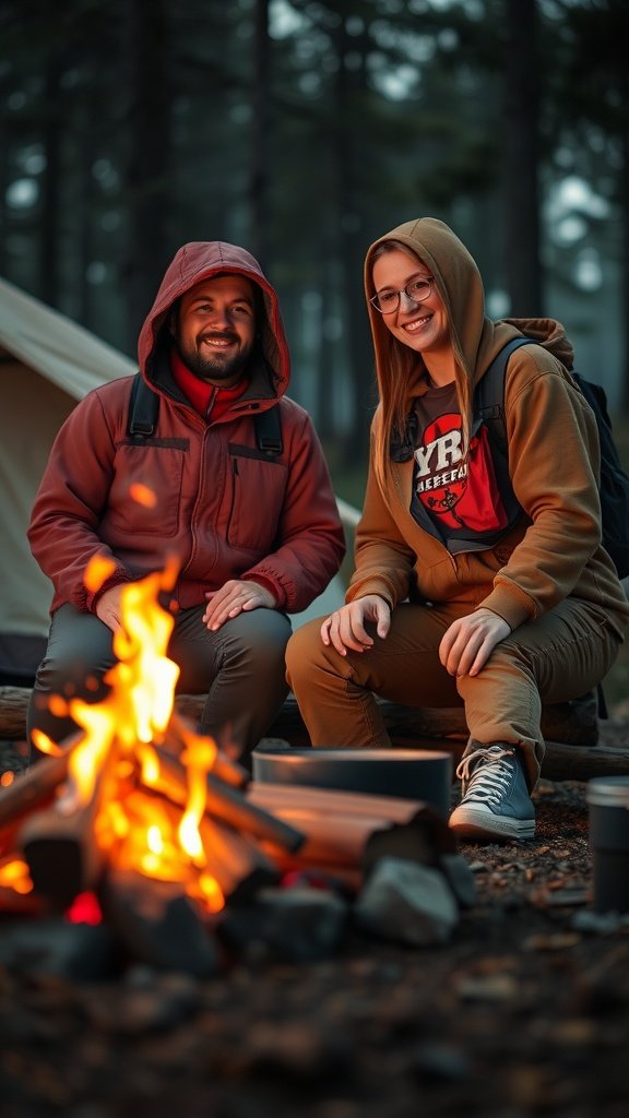 A couple sitting by a campfire in the woods, both wearing warm jackets and hoodies, enjoying the cozy atmosphere.