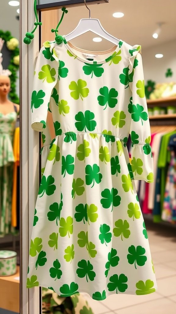 A white dress with green shamrock patterns hanging on a display.