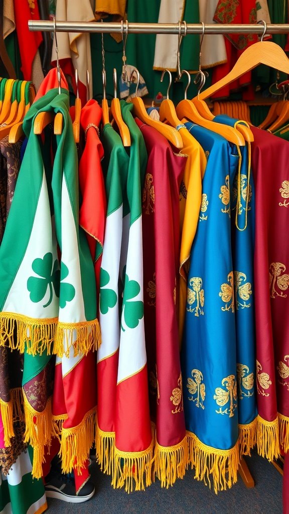 Colorful capes with shamrock designs hanging on a rack