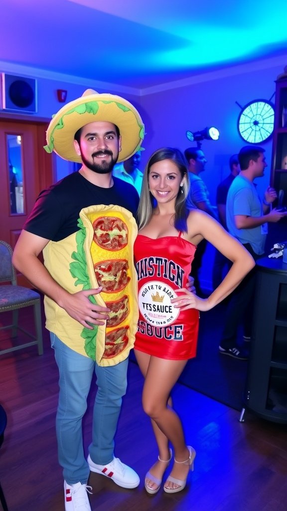 A couple dressed as a taco and hot sauce, showcasing funny food pairings in costumes.