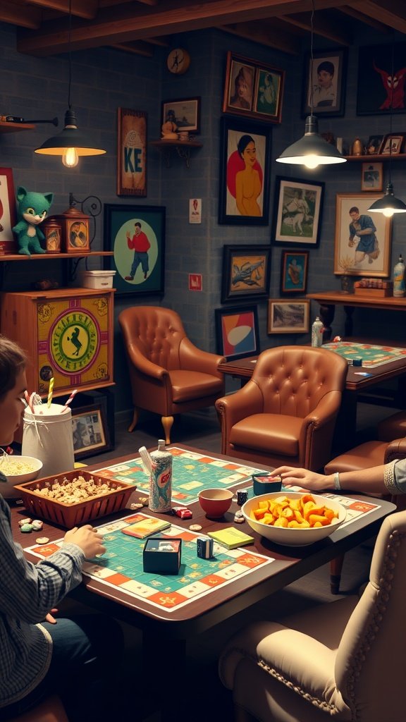 A cozy game night setup with a board game, snacks, and comfy chairs, perfect for a bridal shower celebration.