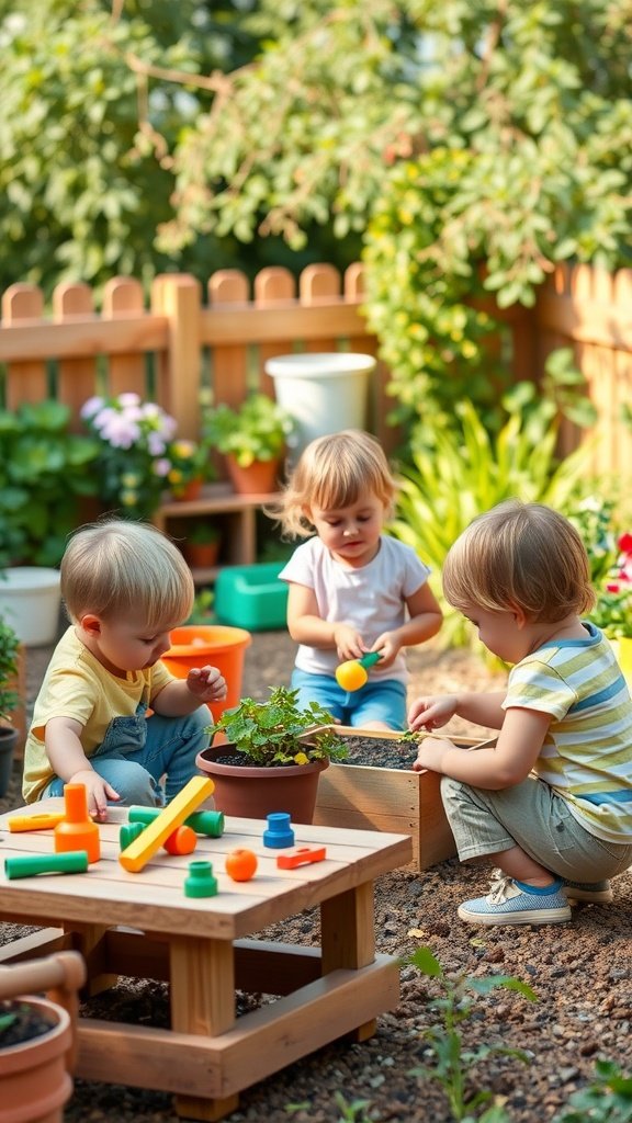 Three toddlers playing with colorful toys in a garden setting