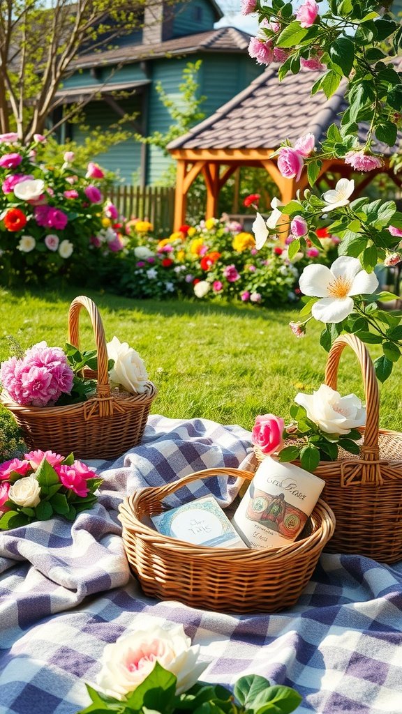 A beautiful garden setting with picnic baskets and flowers, perfect for a bridal shower.