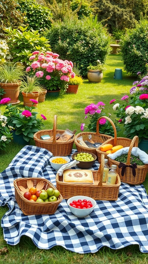 A beautiful garden picnic setup with baskets of fruits and snacks on a blue checkered blanket surrounded by colorful flowers.