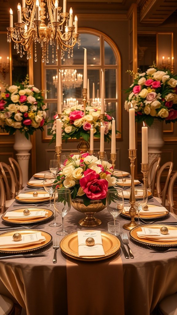 Romantic wedding table setting with gold accents, elegant flowers, and candles