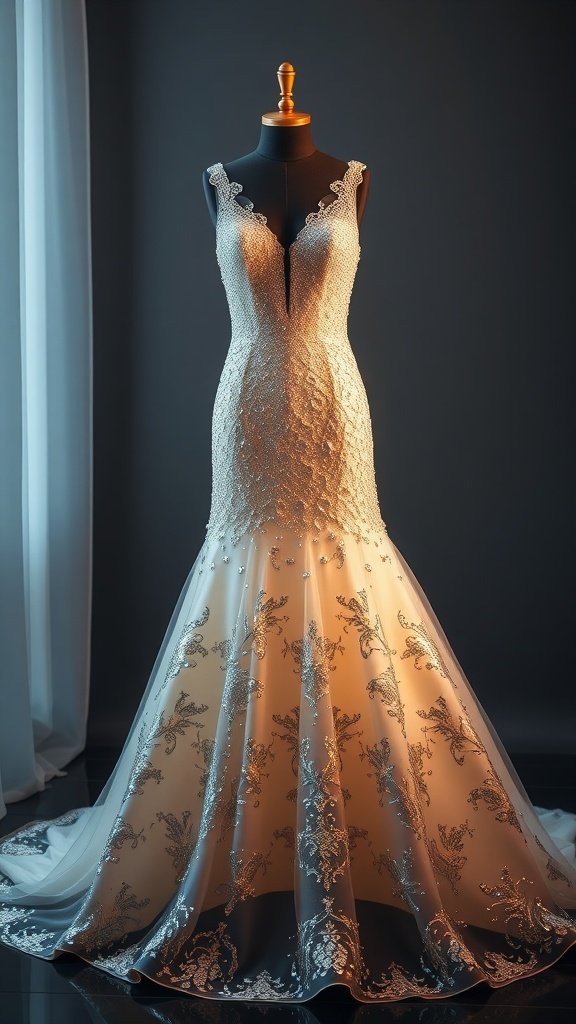 A romantic wedding dress with glamorous sequin accents, featuring a fitted bodice and a flared skirt.