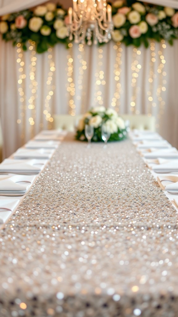 A beautifully decorated table featuring a sparkling gold table runner, elegant glassware, and a floral centerpiece under soft lighting.