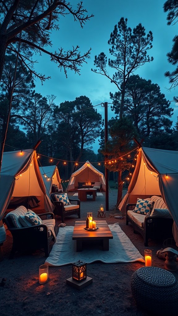 A cozy glamping setup for a bridal shower with lit tents and comfortable seating.