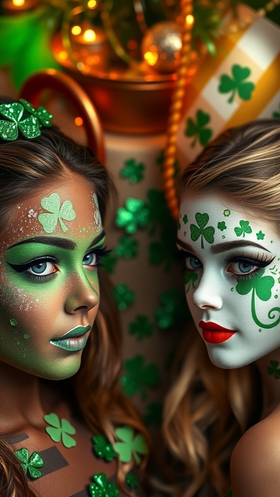 Two individuals with glittery green face paint, showcasing festive designs for St. Patrick's Day.