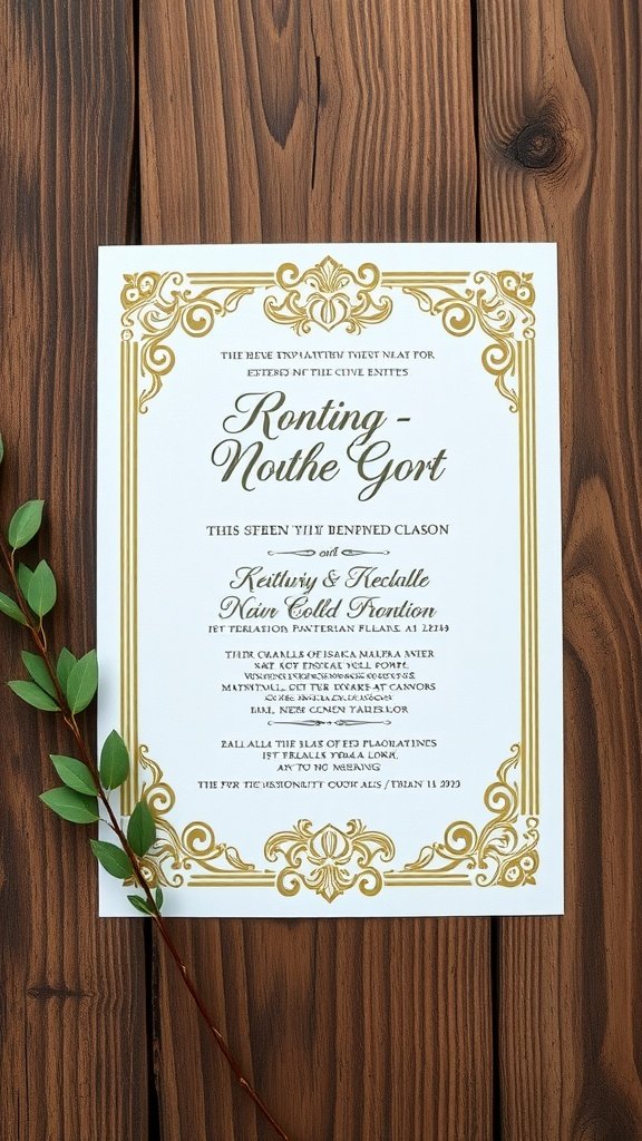 A wedding invitation featuring gold accents on a wooden background.