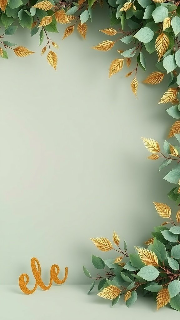 Arrangement of sage green and gold leaves with a golden script 'ele' on a soft green background.