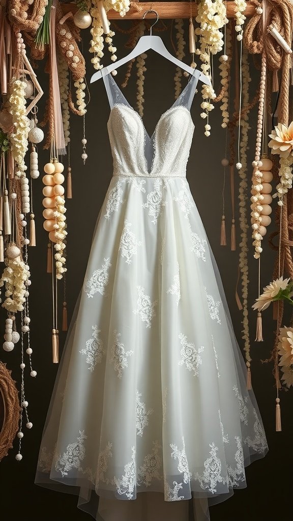 An elegant empire waist wedding dress with lace details, hanging in a floral setting.