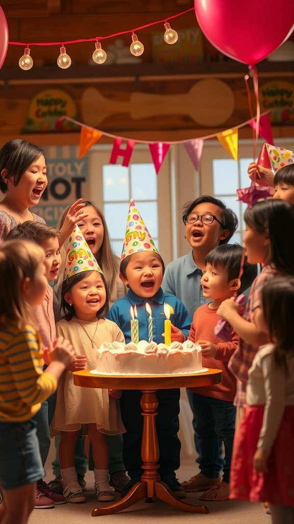 A group of children singing around a birthday cake with candles, celebrating a joyful moment.