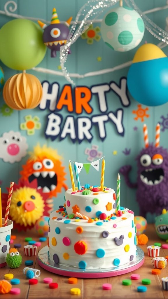 Colorful birthday setup for a Happy Monster Bash with a cake, balloons, and monster decorations.