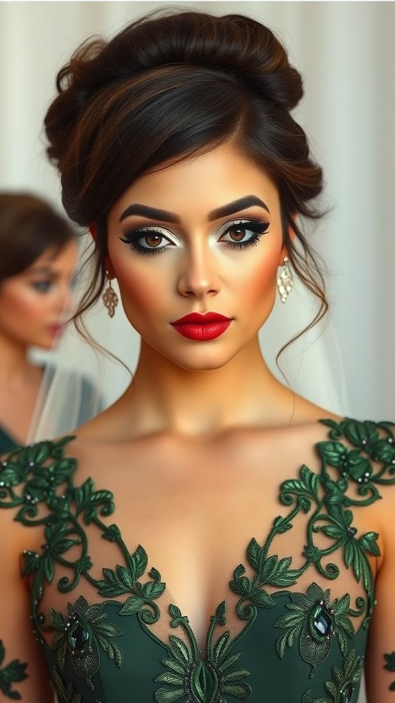 Woman wearing an olive green dress with bold makeup, featuring dark eyes and red lips
