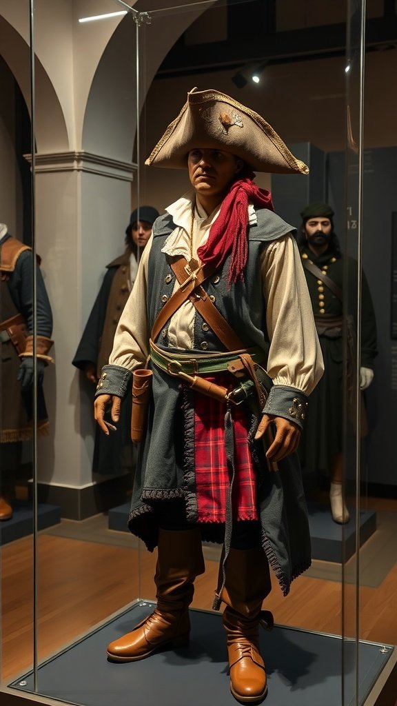 A display of a historic pirate costume with a tricorn hat, plaid wrap, and boots.