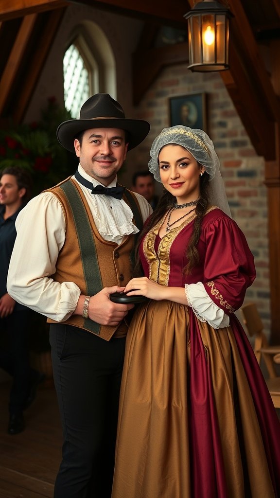 Couple dressed as iconic historical figures in period costumes.