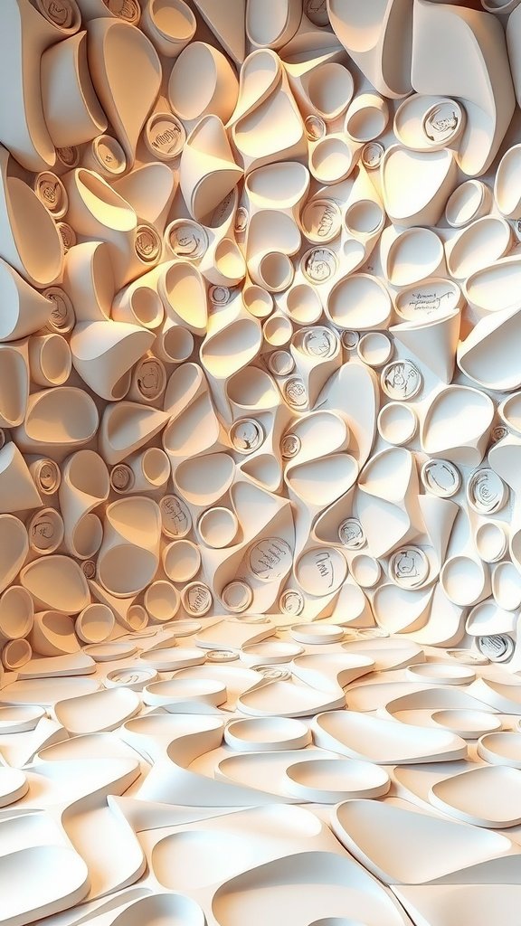35 Stunning Wedding Wallpaper Ideas to Transform Your Venue An artistic 3D wallpaper design with soft curves and shapes, creating a unique depth effect.