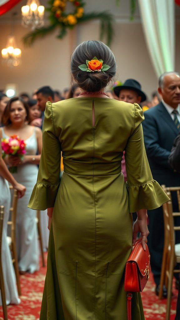 A woman wearing an olive green dress at a wedding with an orange rose in her hair and a red handbag.