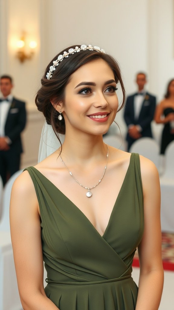 A woman wearing an olive green dress and a stylish headpiece at a wedding.