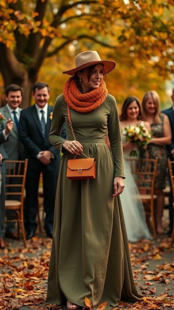 A woman in an olive green dress with an orange scarf and hat stands among wedding guests in autumn.