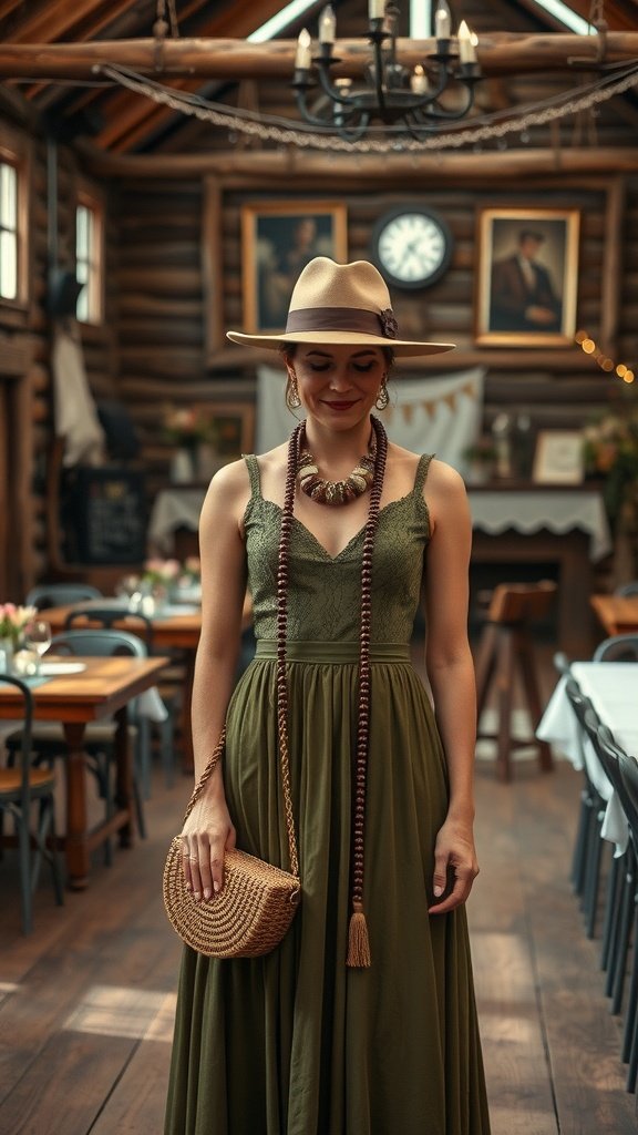A woman wearing an olive green dress with vintage elements, including a wide-brimmed hat and a woven handbag, standing in a rustic setting.