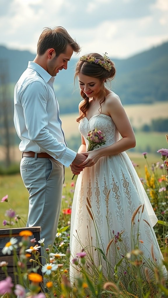 A couple holding hands in a field of wildflowers, creating a romantic atmosphere for their wedding ceremony.