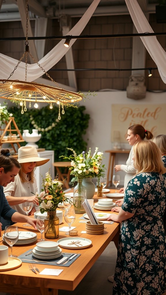 A cozy table set up for a DIY craft party with friends gathered around it, floral arrangements, and crafting materials.
