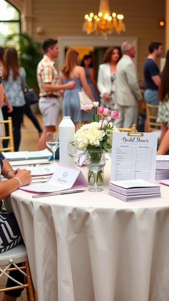 Decorated table at a bridal shower with flowers and games