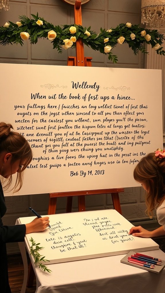 Guests writing messages on a large canvas at a bridal shower.