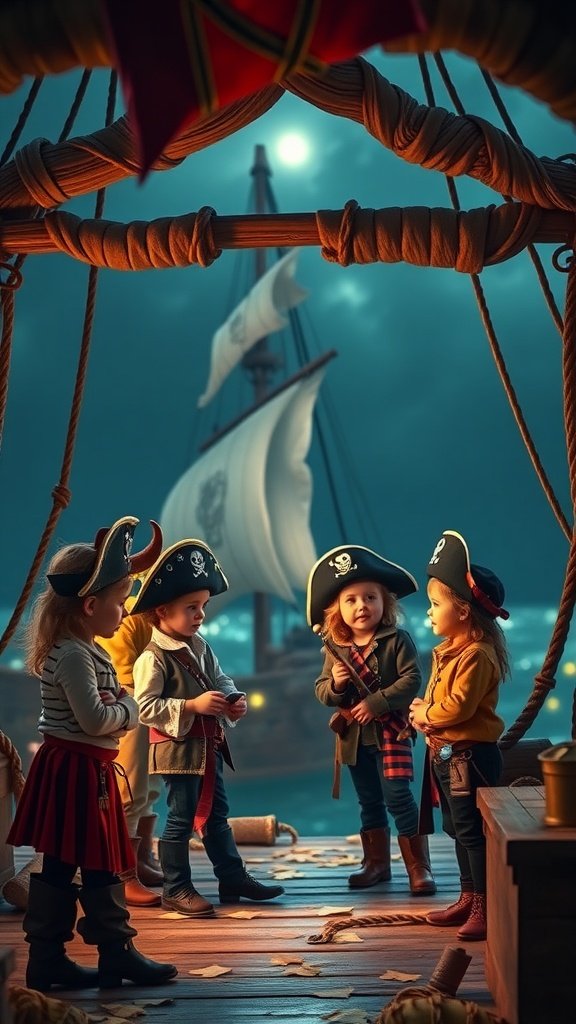 Children dressed in pirate costumes on a ship deck