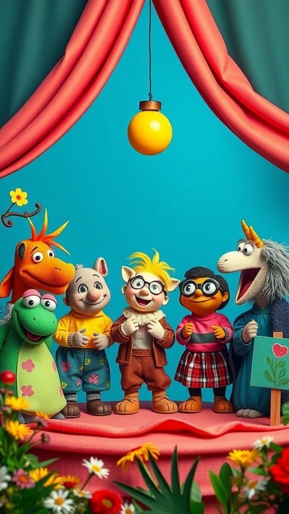 A colorful puppet show stage featuring cheerful puppets, perfect for a children's birthday party.
