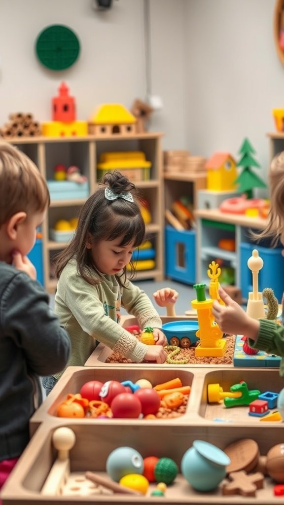 Children playing with colorful toys at sensory play stations