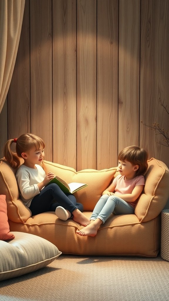 Two children engaged in a joyful reading session in a cozy corner, surrounded by soft cushions and a warm atmosphere.
