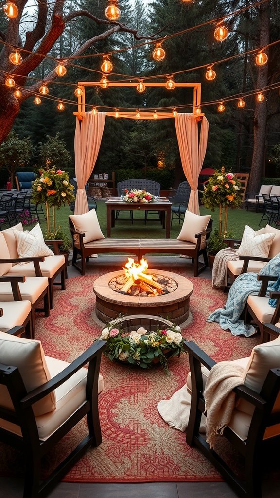 Cozy fire pit seating arrangement with soft lights and floral decorations, ideal for a romantic wedding.