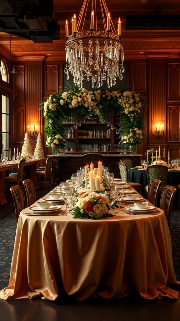 An intimate indoor wedding table setting with golden tablecloth, candles, flowers, and a chandelier.