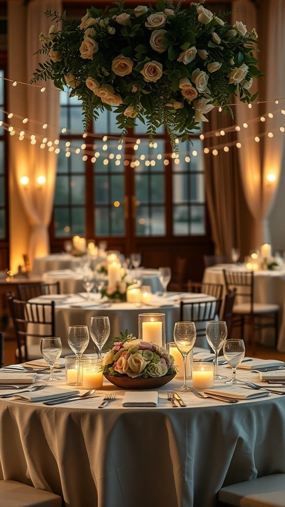 Intimate wedding table arrangement featuring floral centerpiece and soft candlelight.