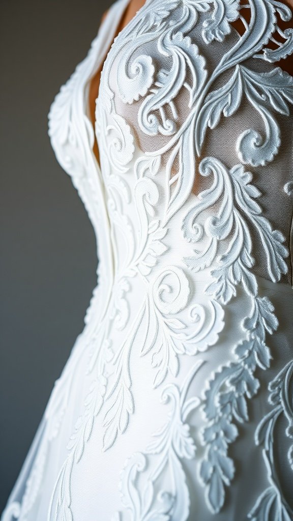 Close-up of a wedding dress featuring intricate appliqué designs
