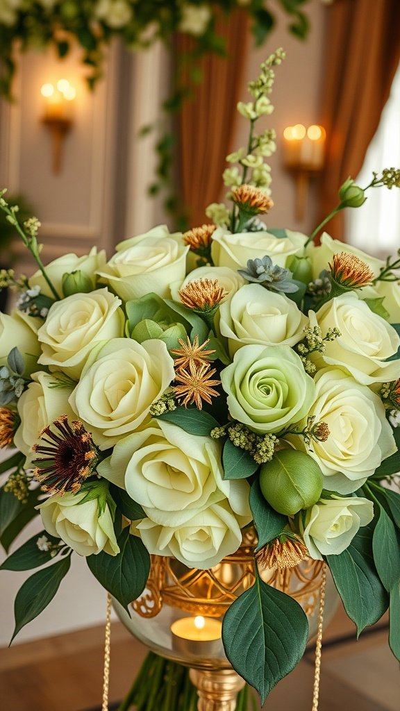 A floral arrangement featuring sage green and ivory roses, golden accents, and textured flowers