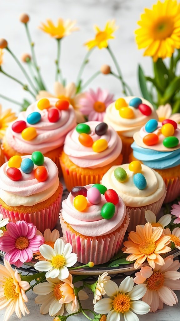 Colorful jelly bean topped cupcakes arranged with flowers.