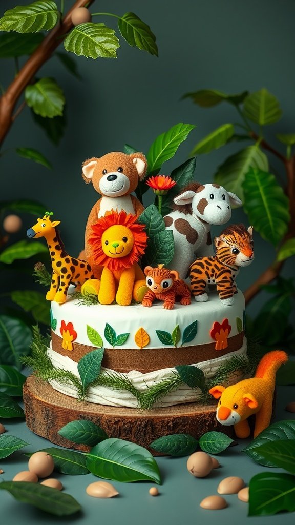 Jungle safari-themed diaper cake with plush animal decorations and colorful leaves.