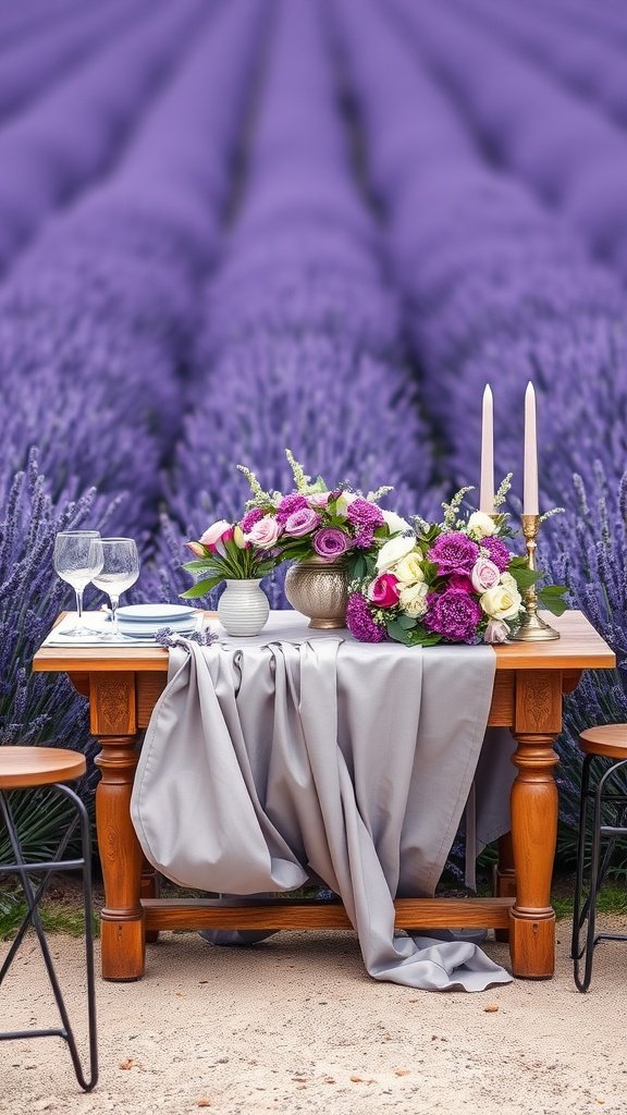 A romantic wedding table setting in lavender fields